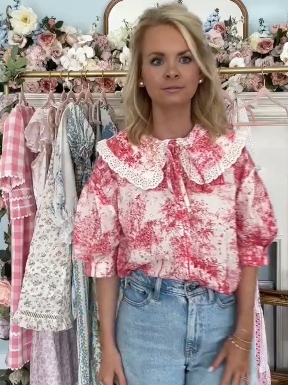 The Cherry Blossom Toile Red Blouse - Flourish in Frills